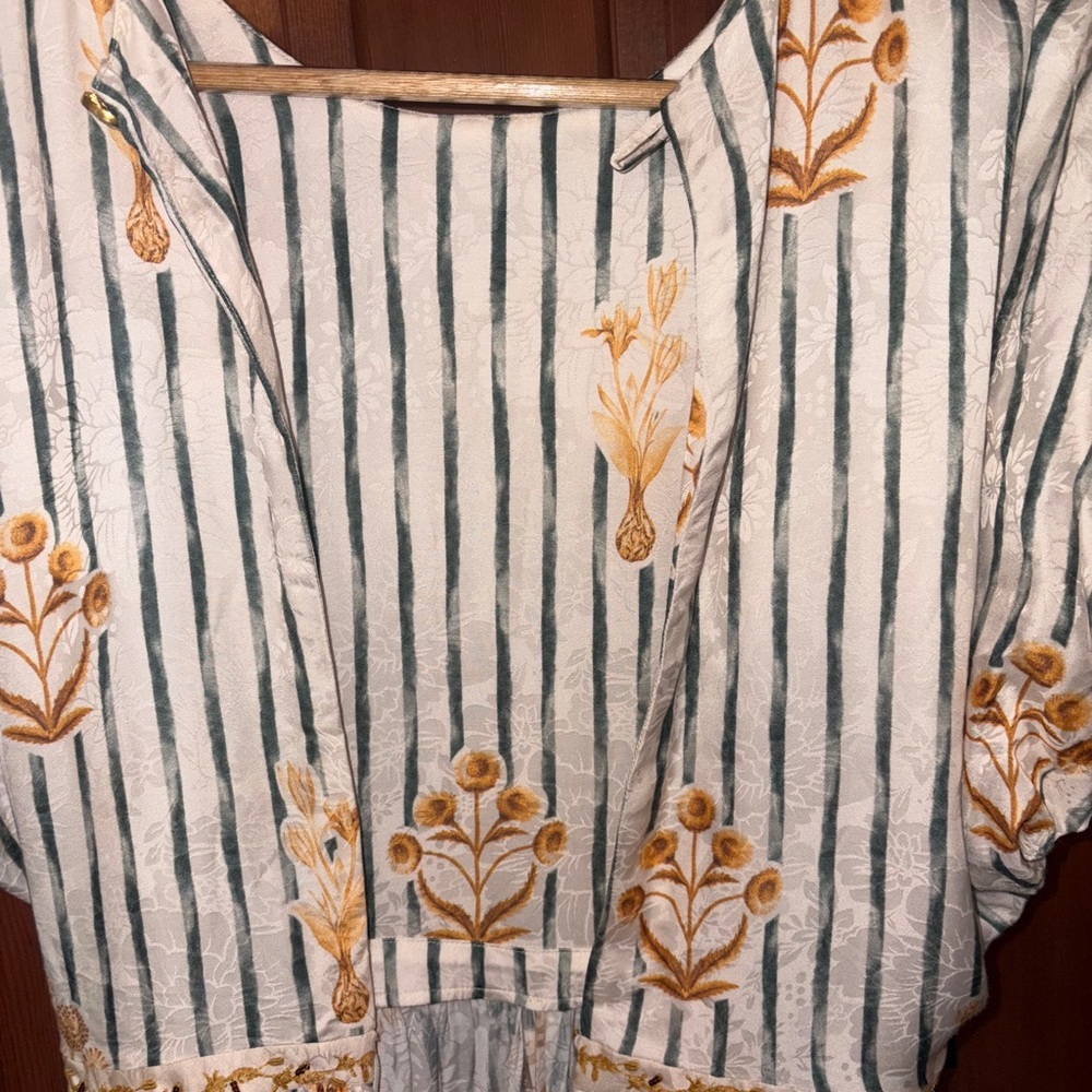 Agua Bendita Strip Floral Maxi Dress Short Sleeve Cream Green Size Small NWT - Picture 10 of 16